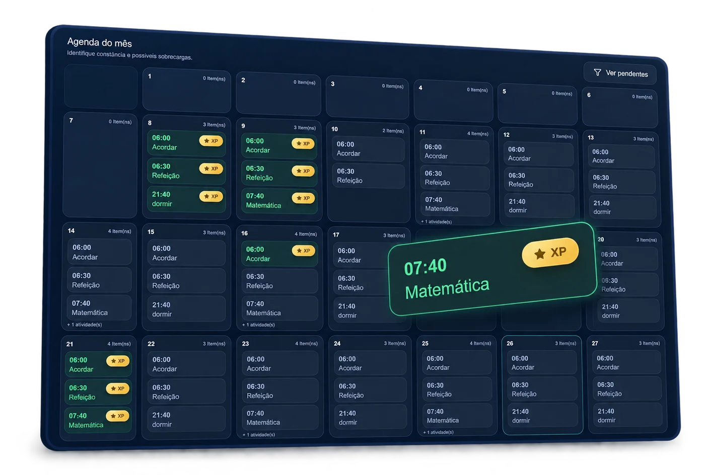 Agenda mensal real da Minha Rotina com atividades, horários e XP de tarefas concluídas